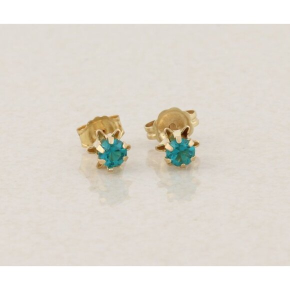 14k Yellow Gold Green Blue Teal CZ Earrings Stud Post 3/16" Flower Buttercup - Picture 1 of 9
